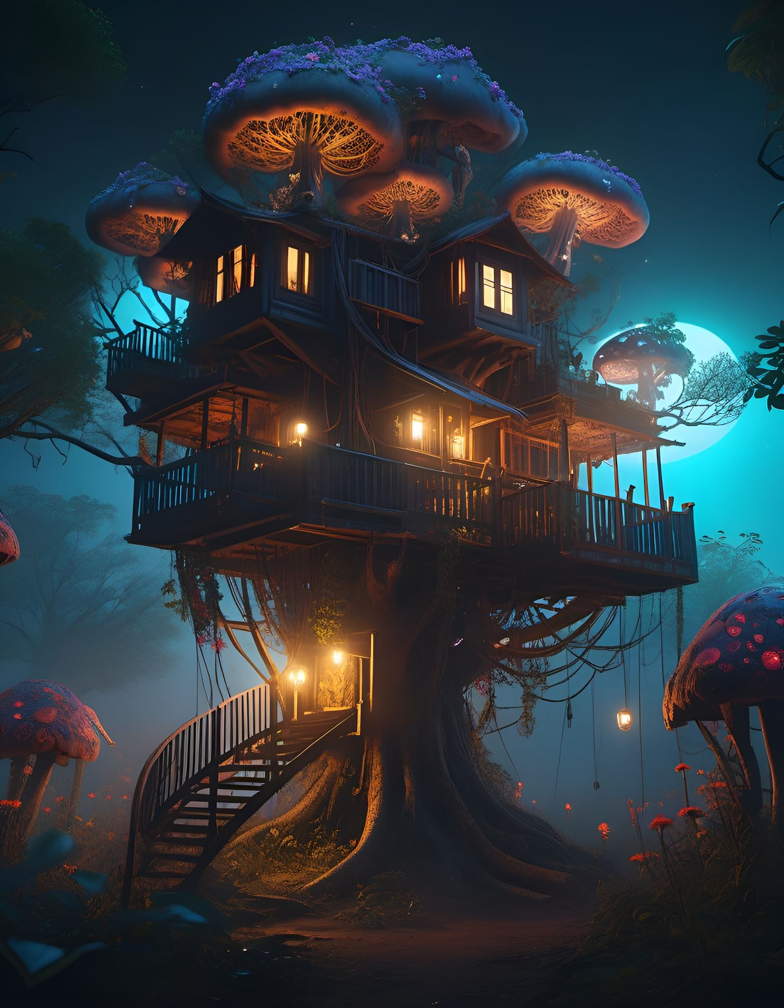Creepy Ornate Treehouse with Glowing Flora