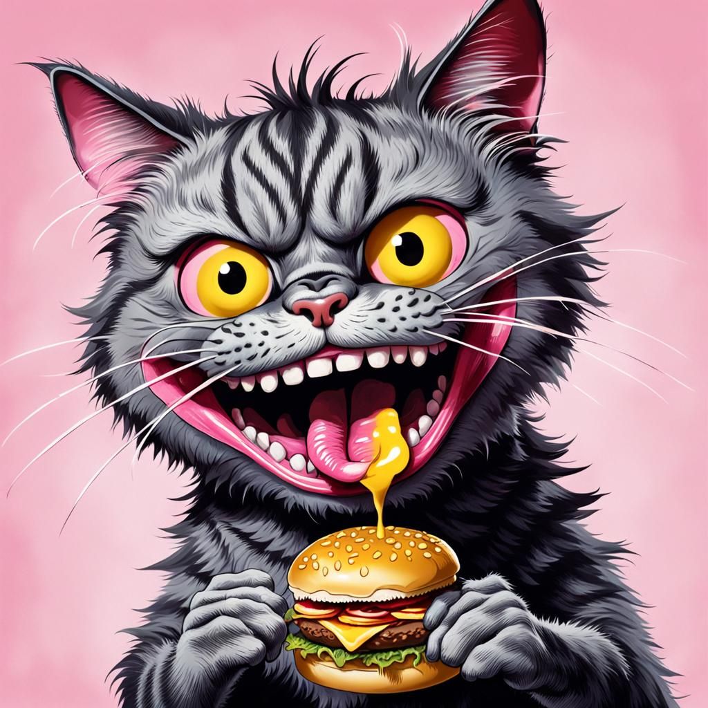 Cartoon Cat with Cheeseburger and Pepsi