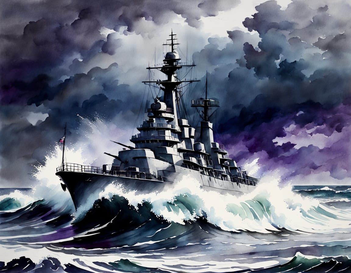 Stormy Grey Battleship at Sea in Watercolor