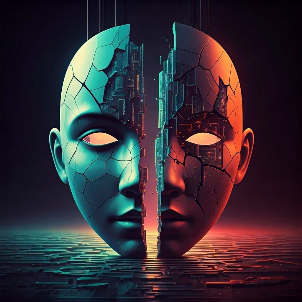 Fractured Mask Surrealist Cityscape in Hyperrealistic Digita...