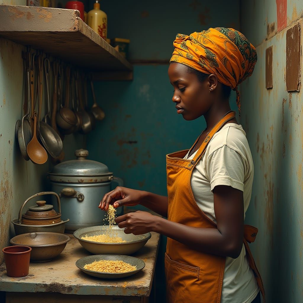 African Girl Washing Dishes: Graphic Novel Illustration