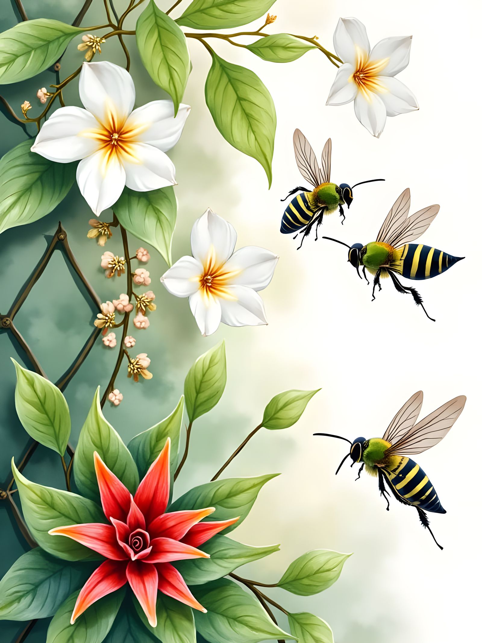 Jasmine, Bromeliads, and Bees in Watercolor Splash Art