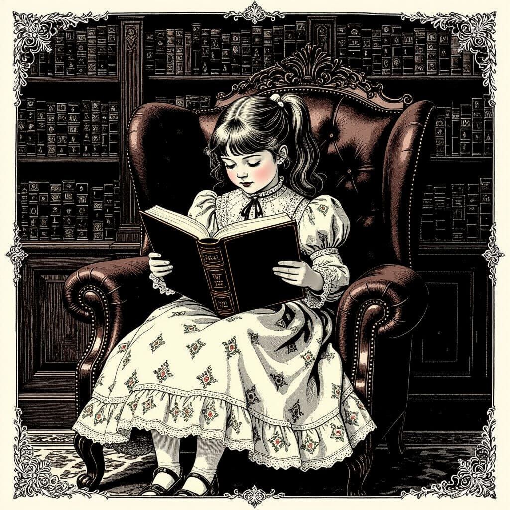 Victorian Girl Reading in Gothic Library