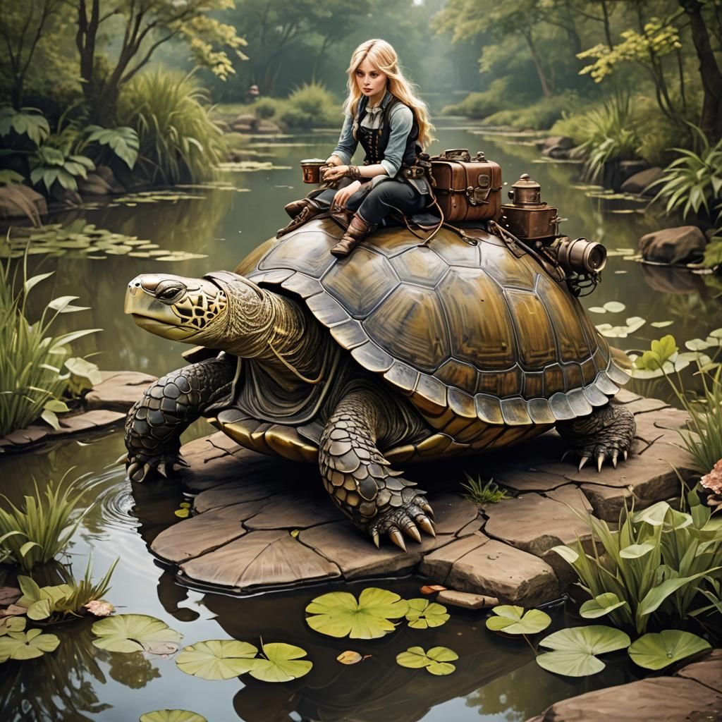 Steampunk Engine Overlooking a Pond