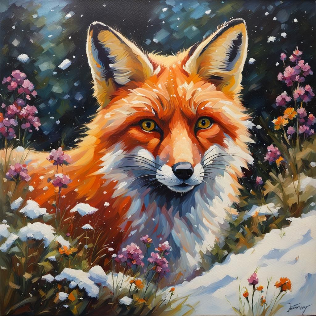 Majestic Fox in Snowy Landscape: An Oil Painting