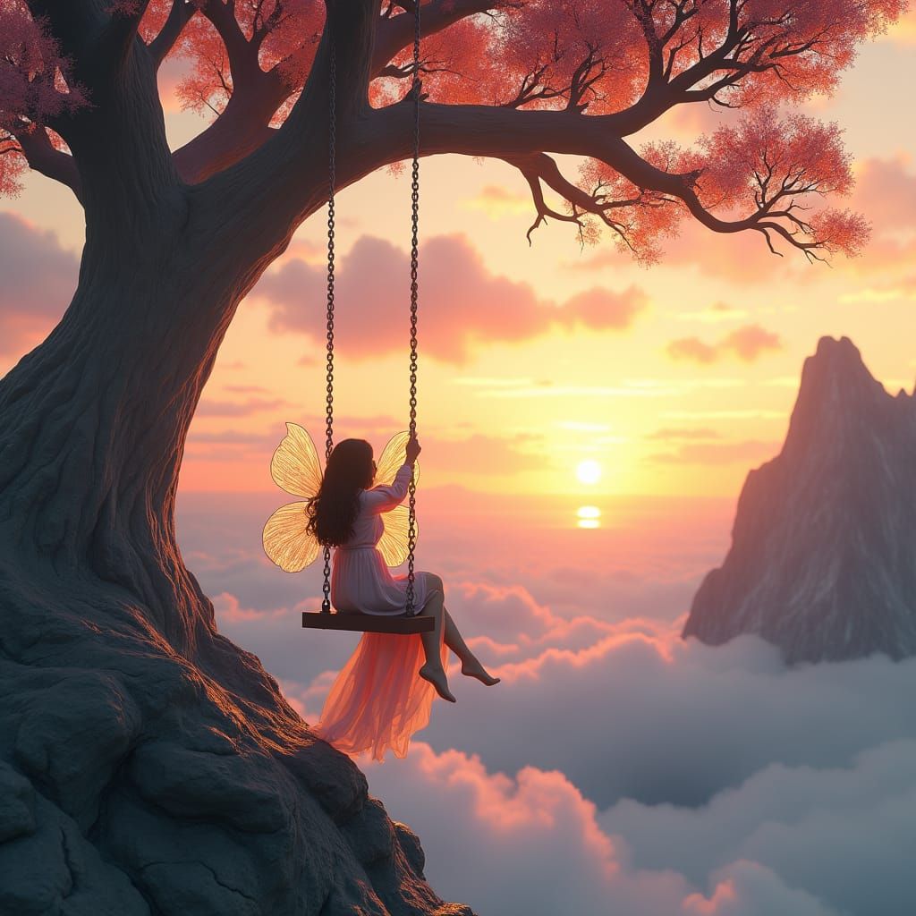 Fairy on Mountain Swing at Sunset: Cinema 4D Fairycore