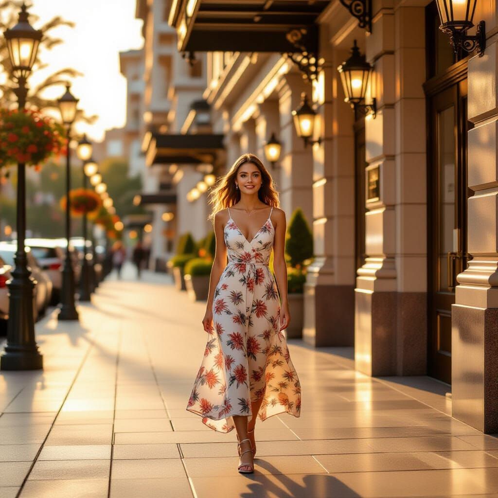 Young Woman Awaits Friends at Grand Hotel in Golden Hour