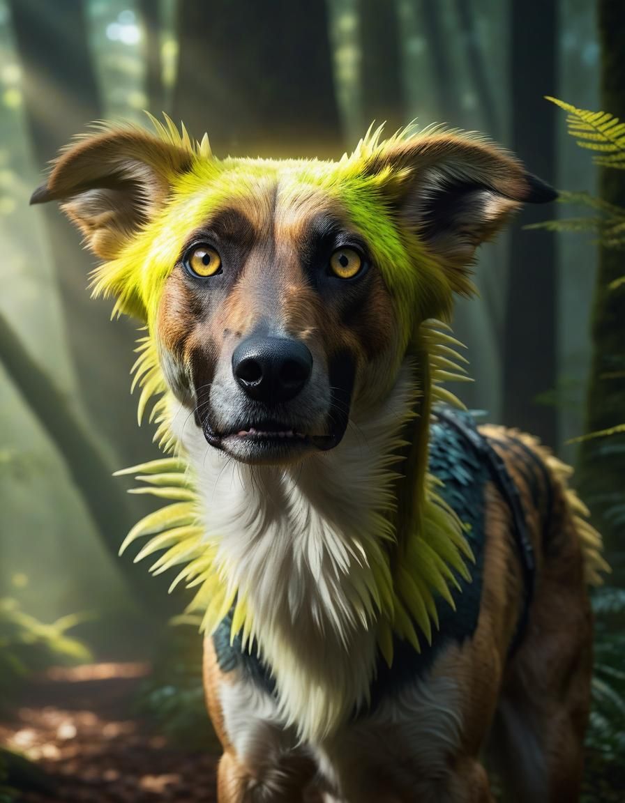 Velociraptor-Dog Hybrid in Misty Forest: Digital Art