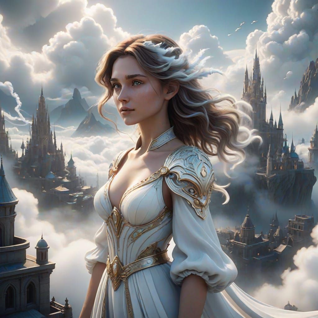Whimsical Cloud Cityscape with Ethereal White Air Elemental