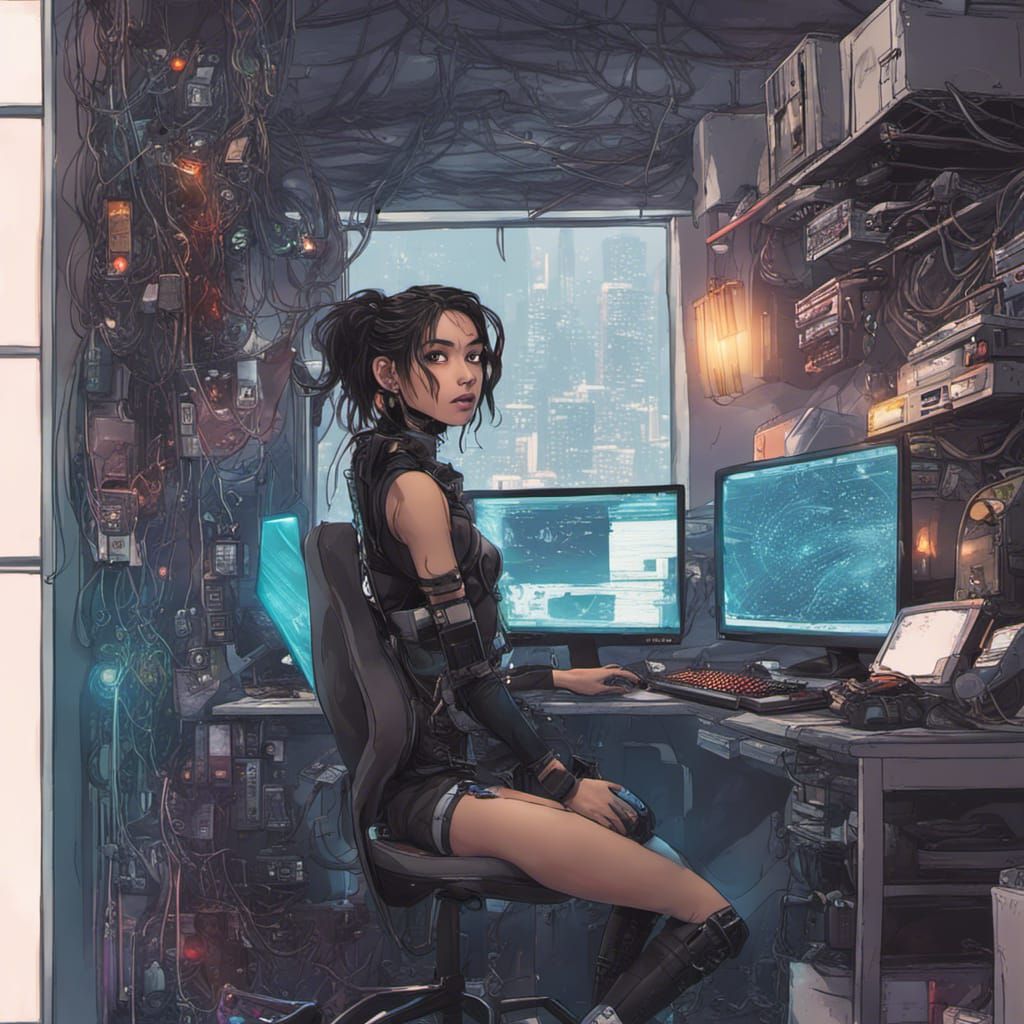 Cyberpunk Netrunner Kiana Immersed in Digital Frontier