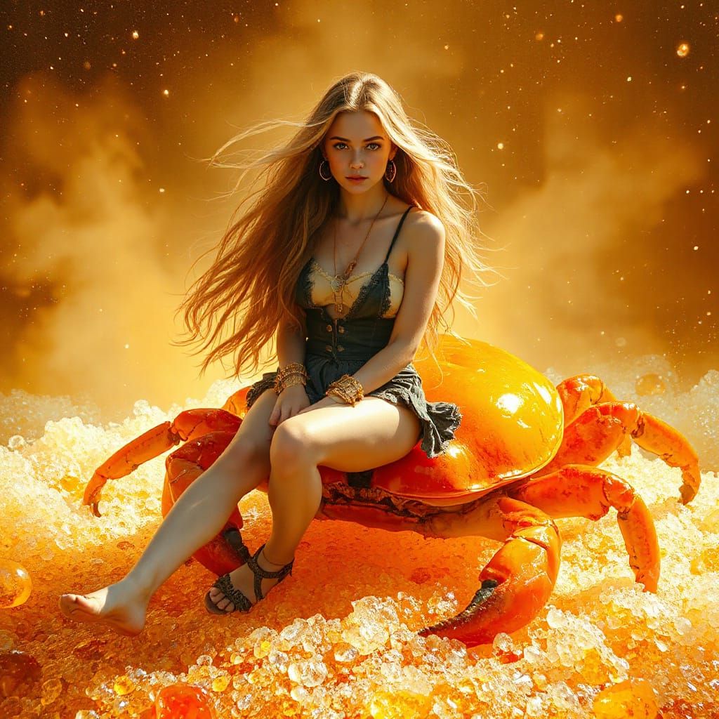 Woman on Gummy Crab in Effervescent Soda Sea