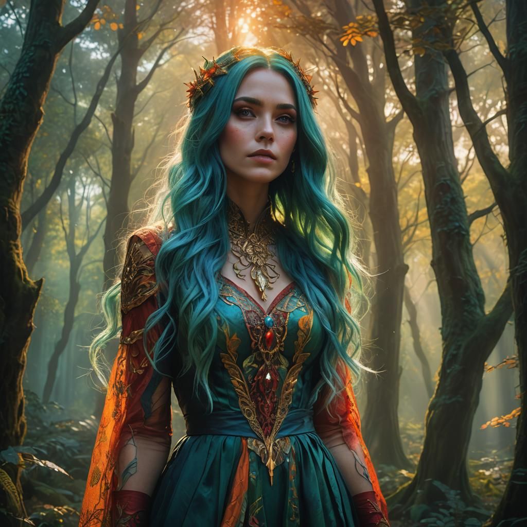 Mystical Forest Girl Portrait in Oil Painting Style