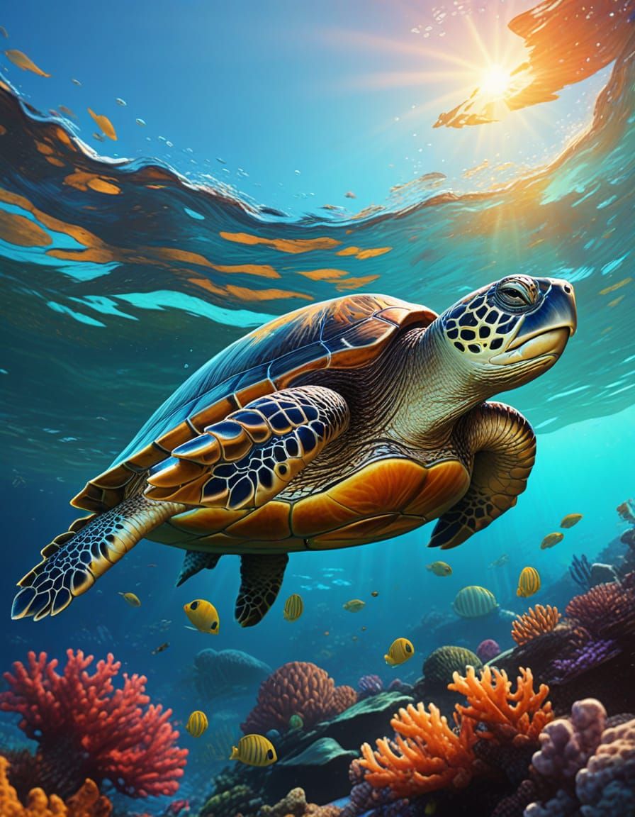 Majestic Turtle Swims in Vibrant Fantasy Ocean