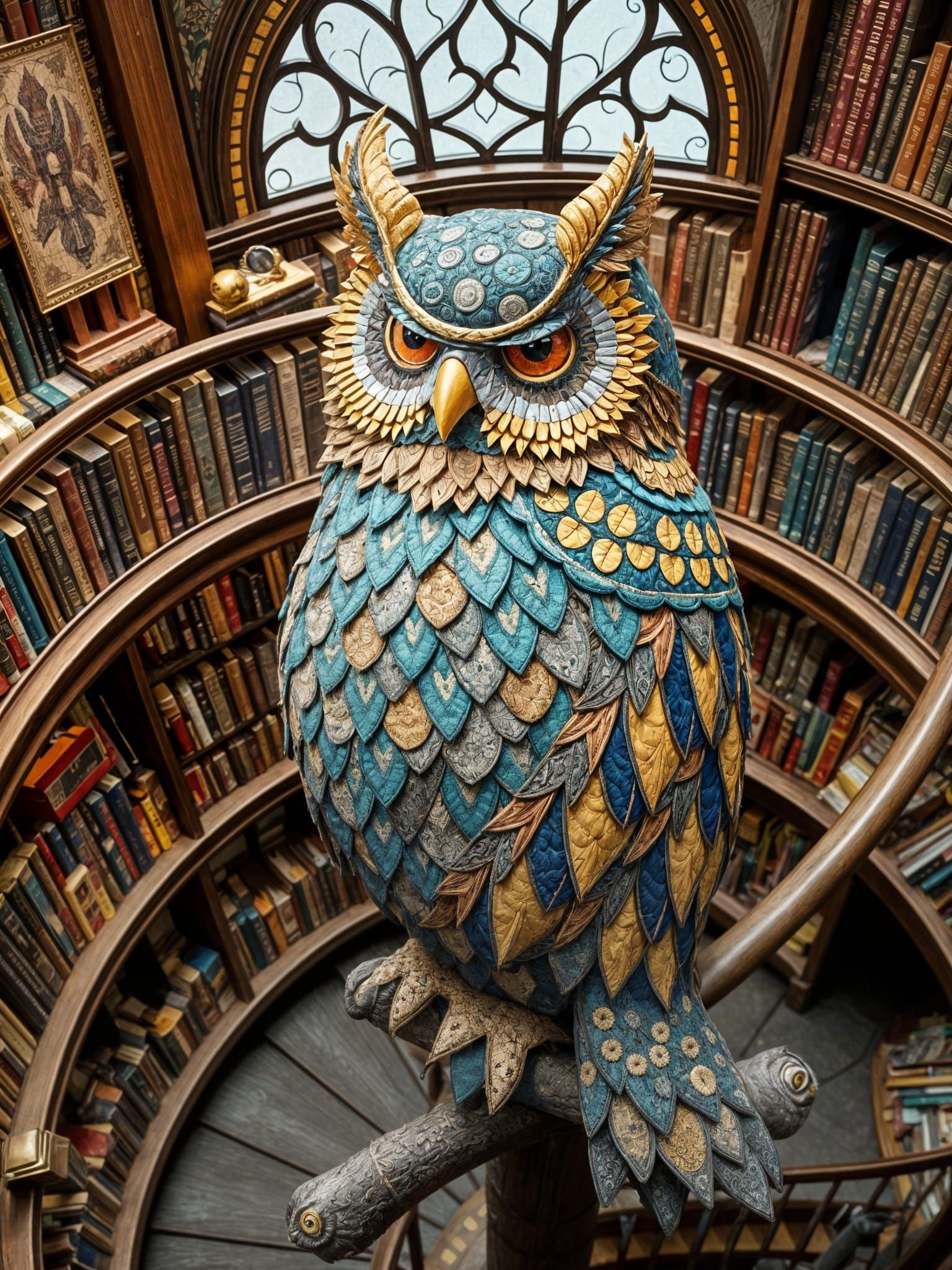 Whimsical Quilted Owl Amidst Bookstore Treasures