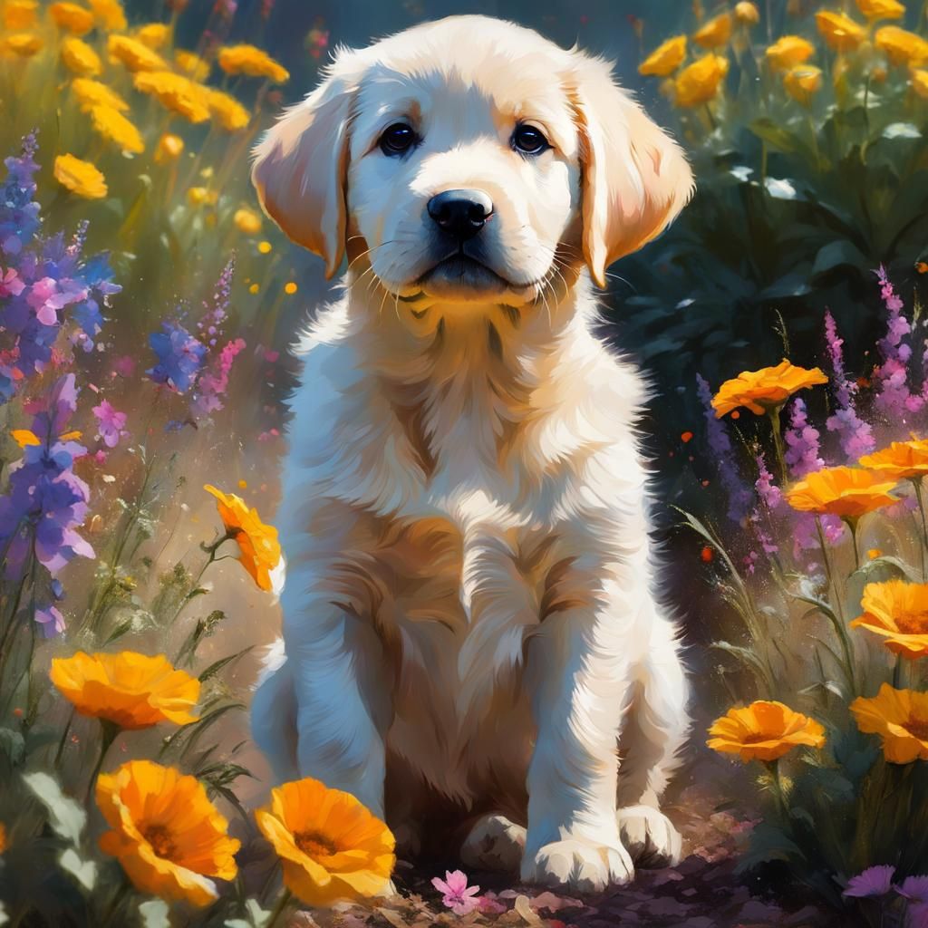 Labrador Puppy in Flowerbed: Detailed Matte Painting