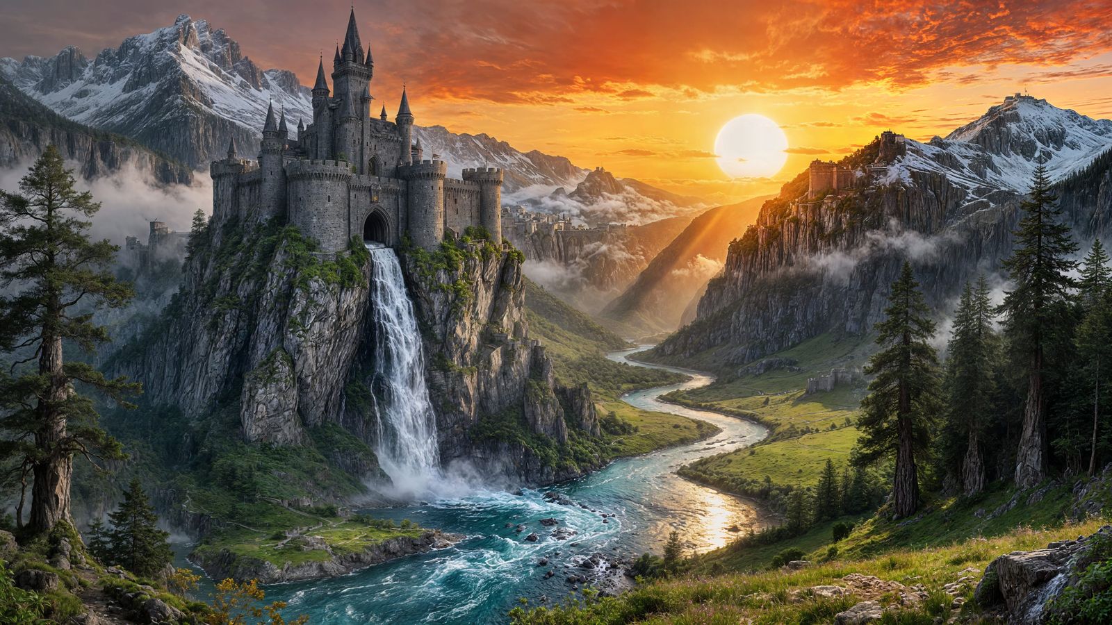 Majestic Medieval Fortress on Jagged Cliff at Sunrise