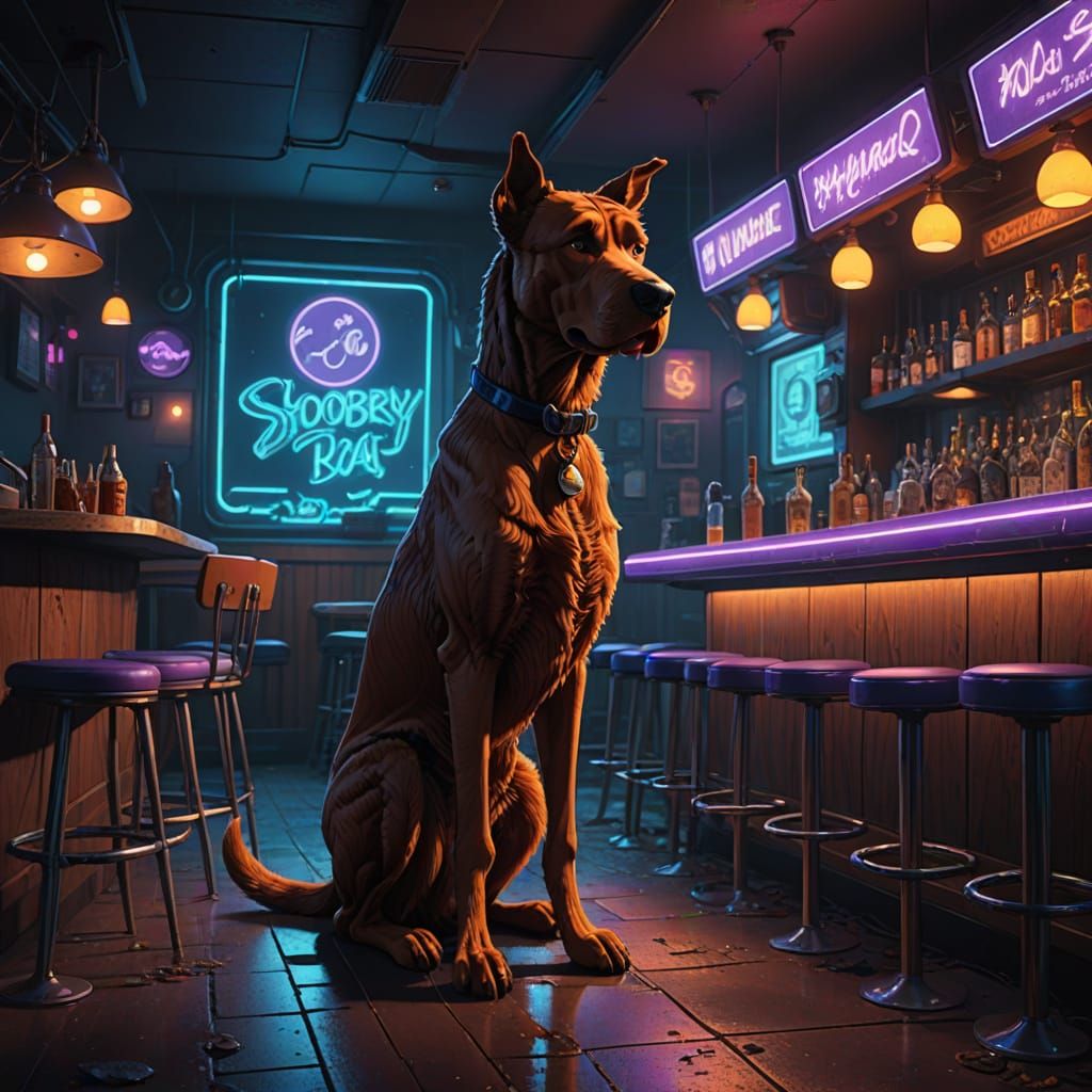 Scooby Doo in a Neon Bar, Anticipating Shaggy's Arrival