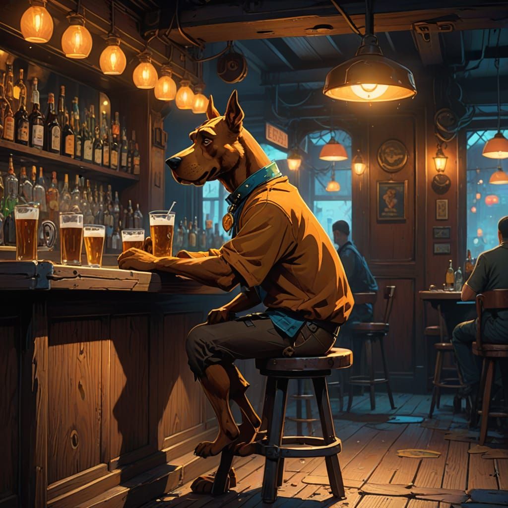 Scooby Doo in Neon-Lit Bar, Lost in Thought