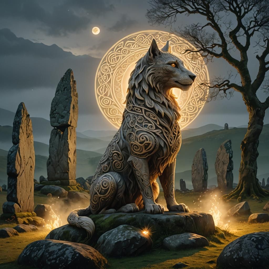 Cù Sìth on Misty Hillside in Celtic Fantasy