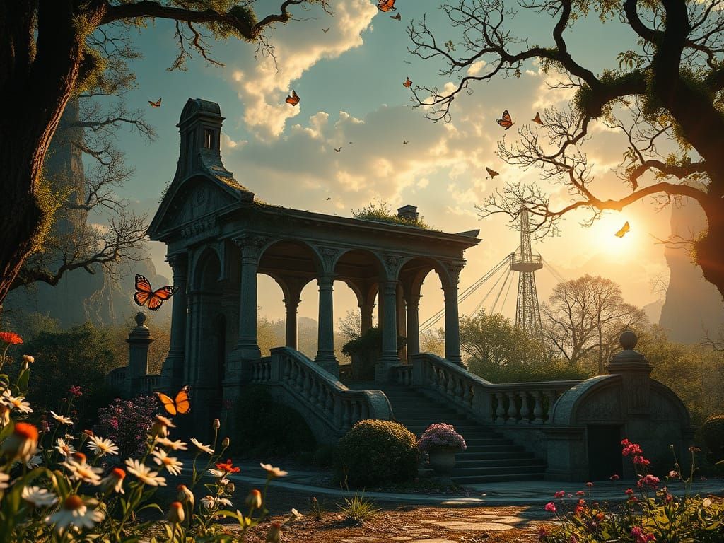 Ruined Portico in Magical Dystopia with Sunlight