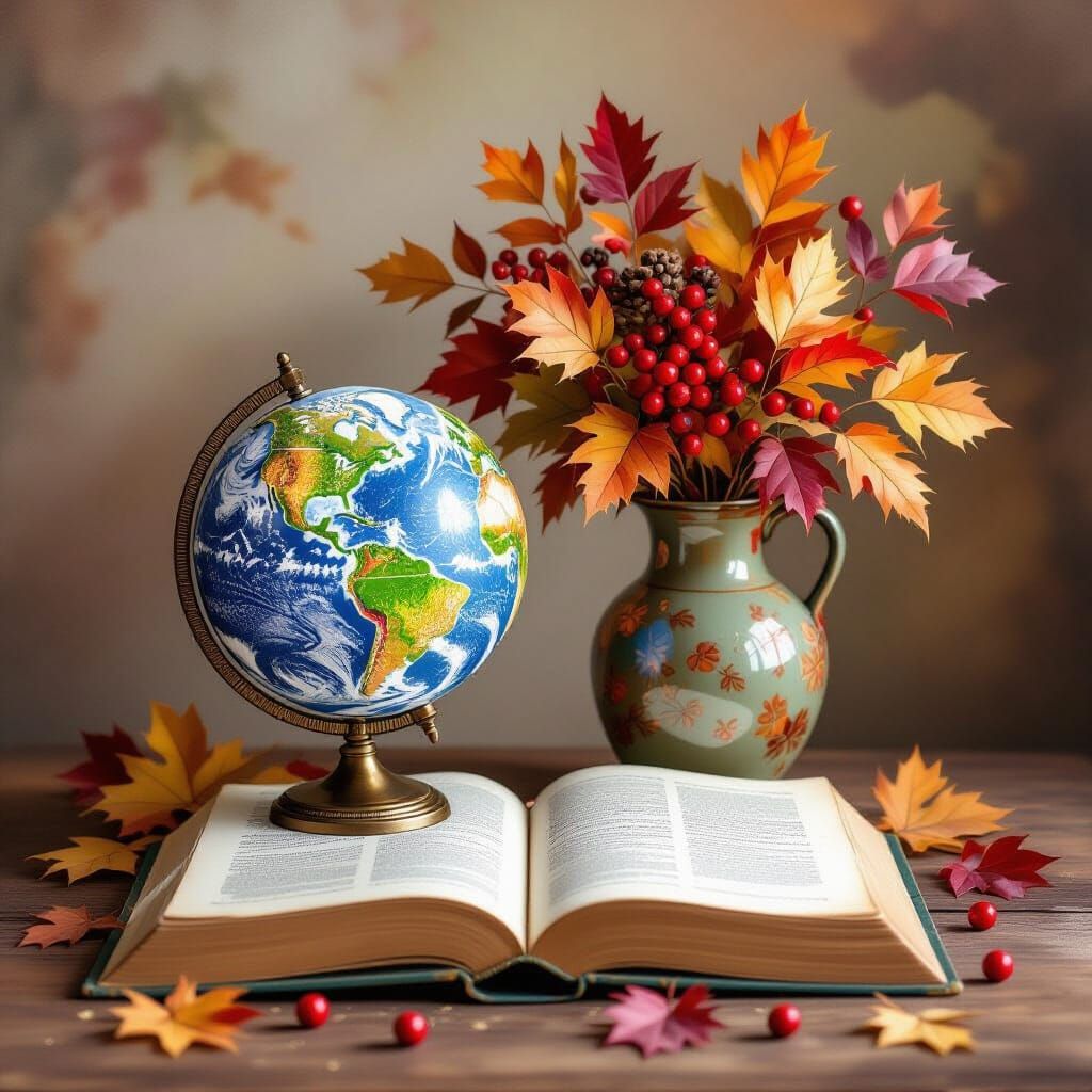 Autumn Still Life: Globe, Book, and Leafy Vase
