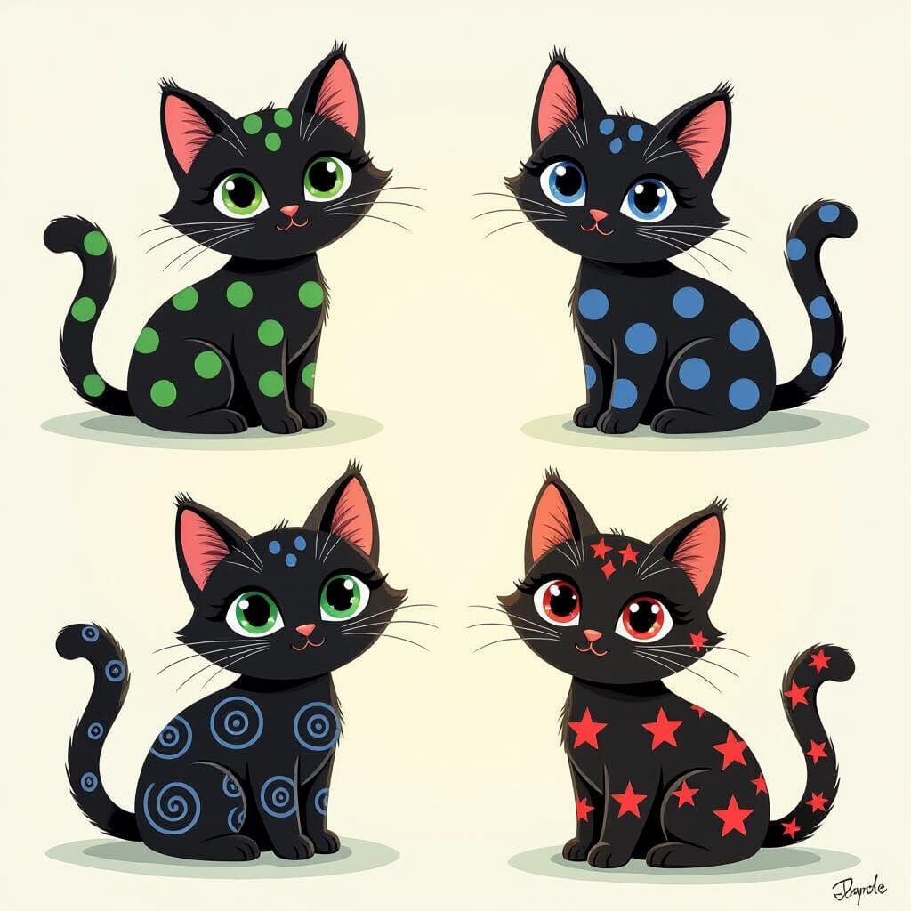 Four Whimsical Cats with Unique Patterns and Colors