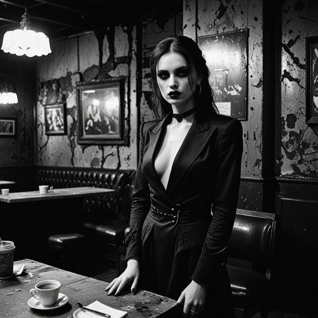Fashion Model in Goth Coffee Shop Black and White Photograph...