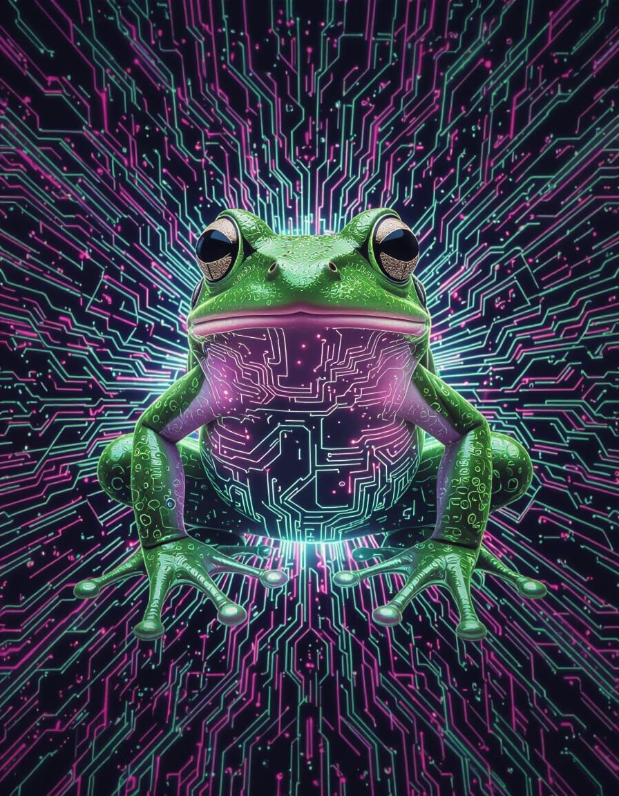 Cybernetic Frog in Kaleidoscopic Cyberpunk Geometry