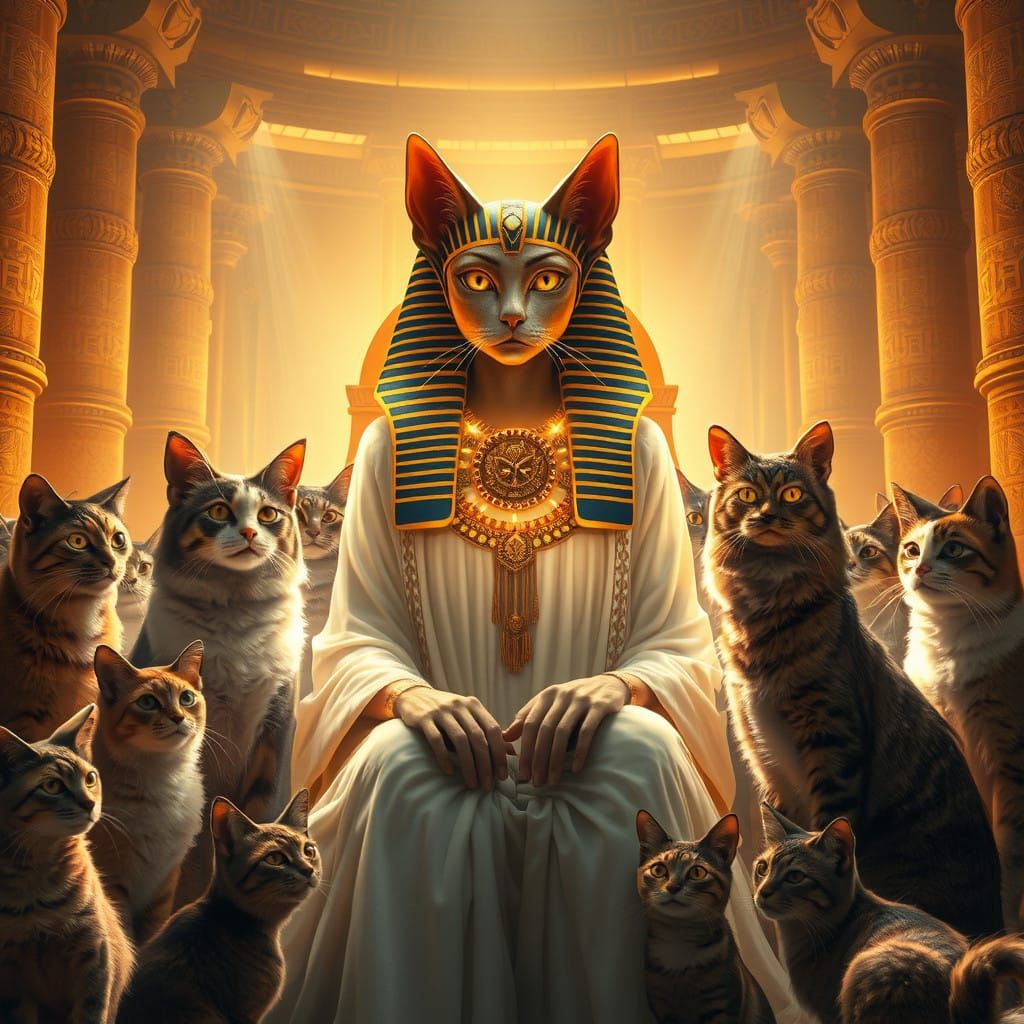 Egyptian Goddess Bastet Sits Regally in Golden Throne Room