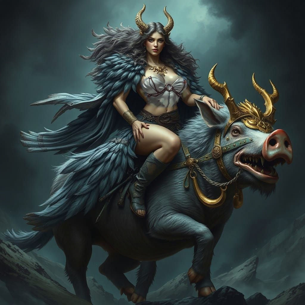 Freyja Rides Majestic Battle-Boar Hildisvini in Golden Splen...