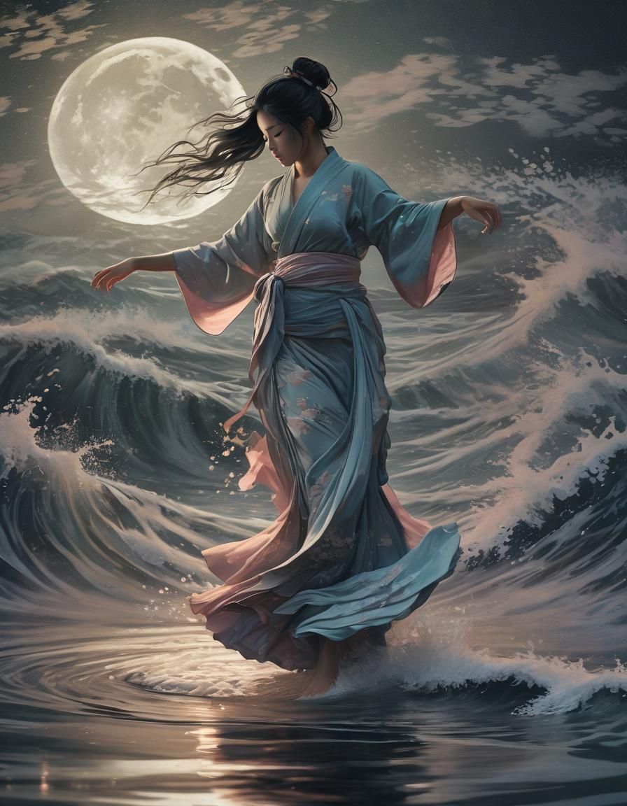 Dancing Figure in Moonlit Water: Vibrant Digital Art