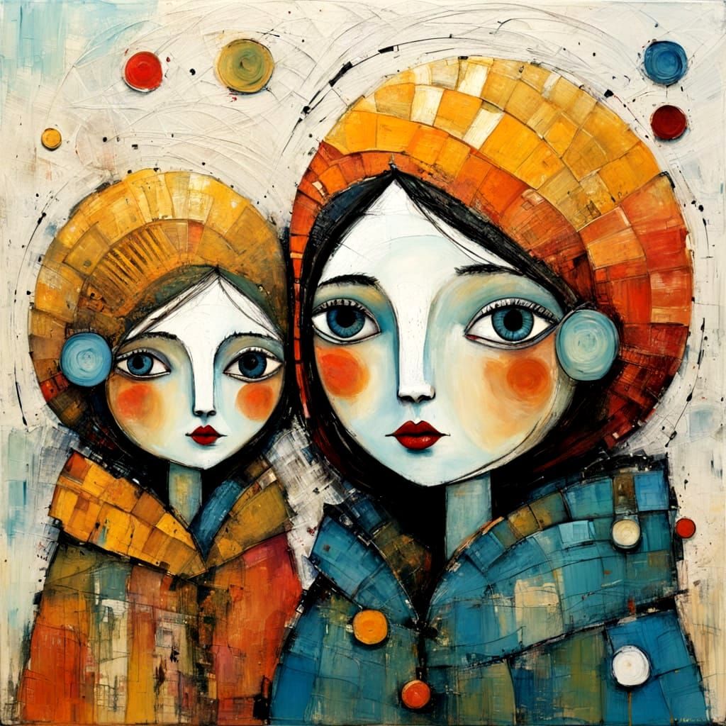 Summer and Winter Dyptich, Textured Primitive Naive Encausti...