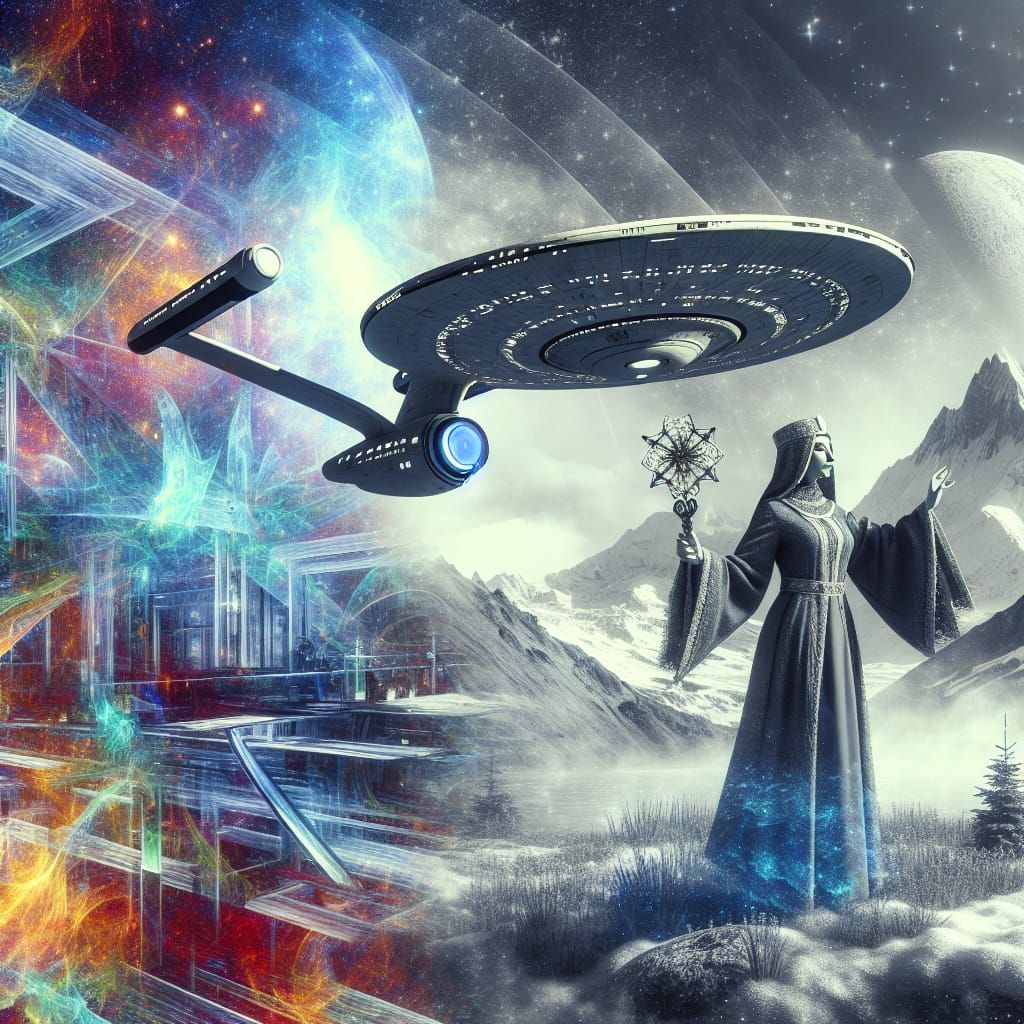 Epic Space Journey with Sorceress in Mixed Media