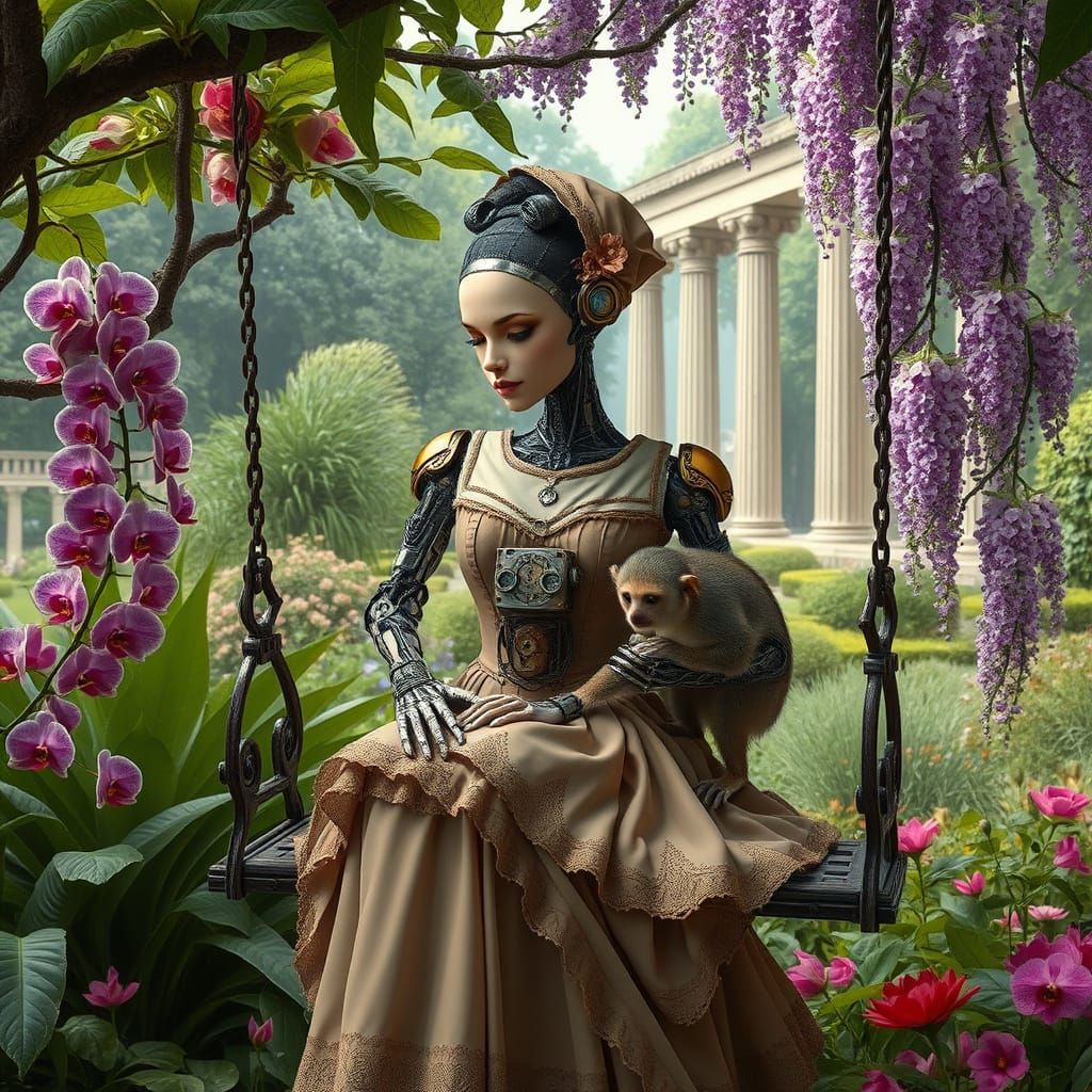 Steampunk Android Sits Serenely on a Swing in a Secret Garde...