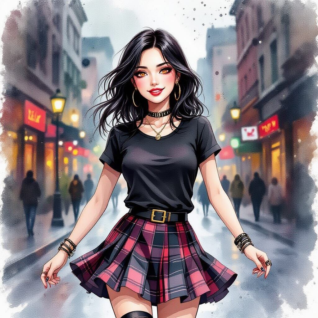 Gothic Fashion Dancer in Watercolor Style