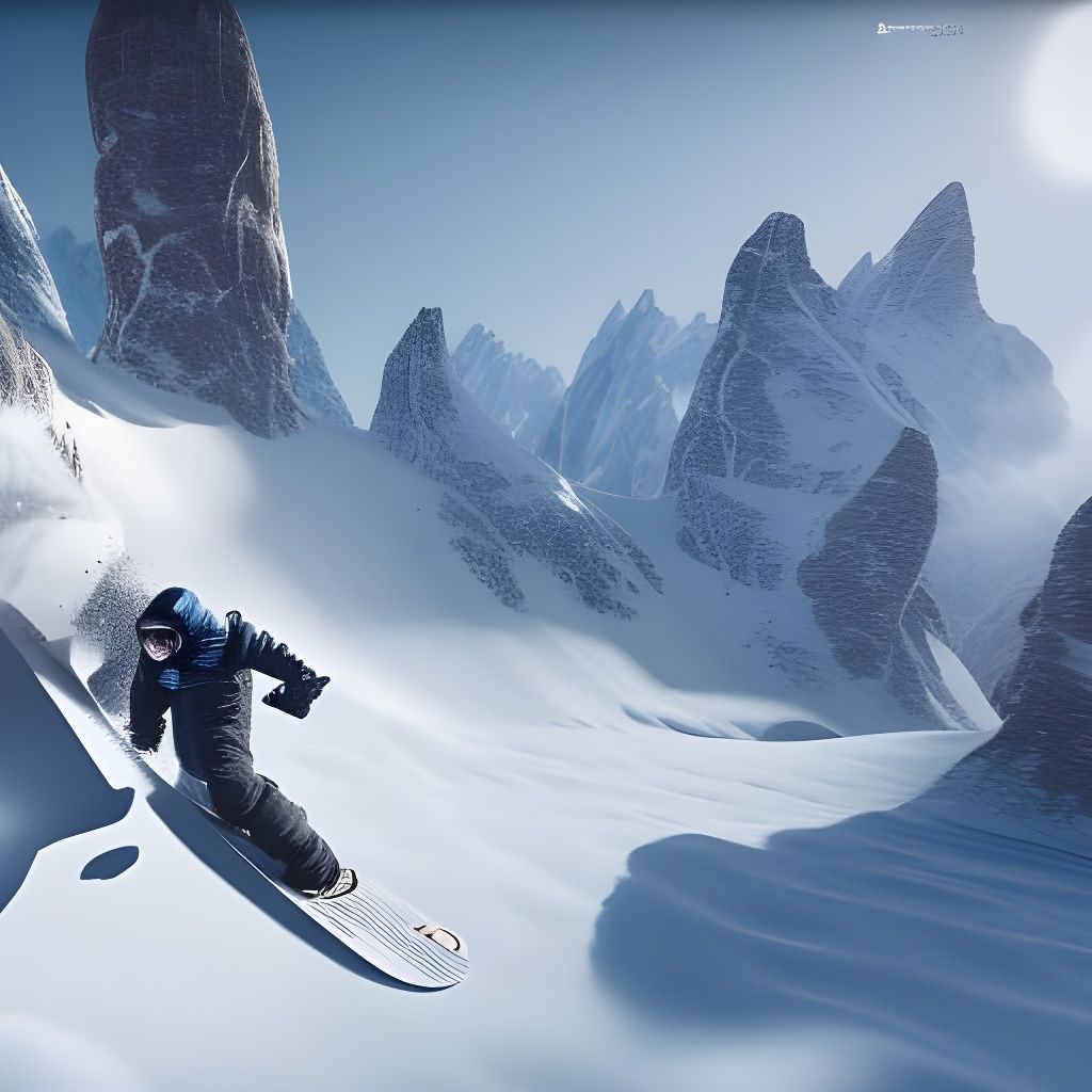 Snowboarder in Deep Powder on Mountain, Realistic Style