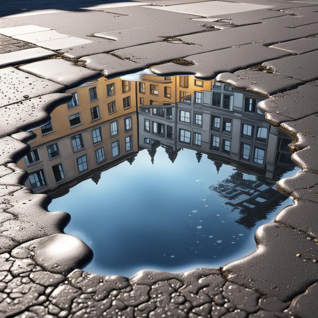 Hyperrealistic City Reflection in Puddle
