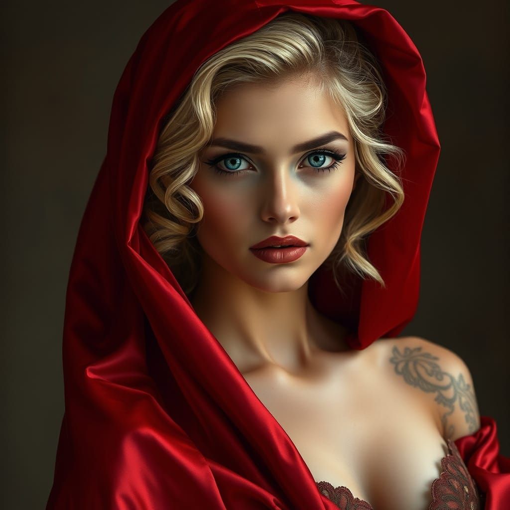 Elegant Woman in Red Veil, Art Nouveau Style