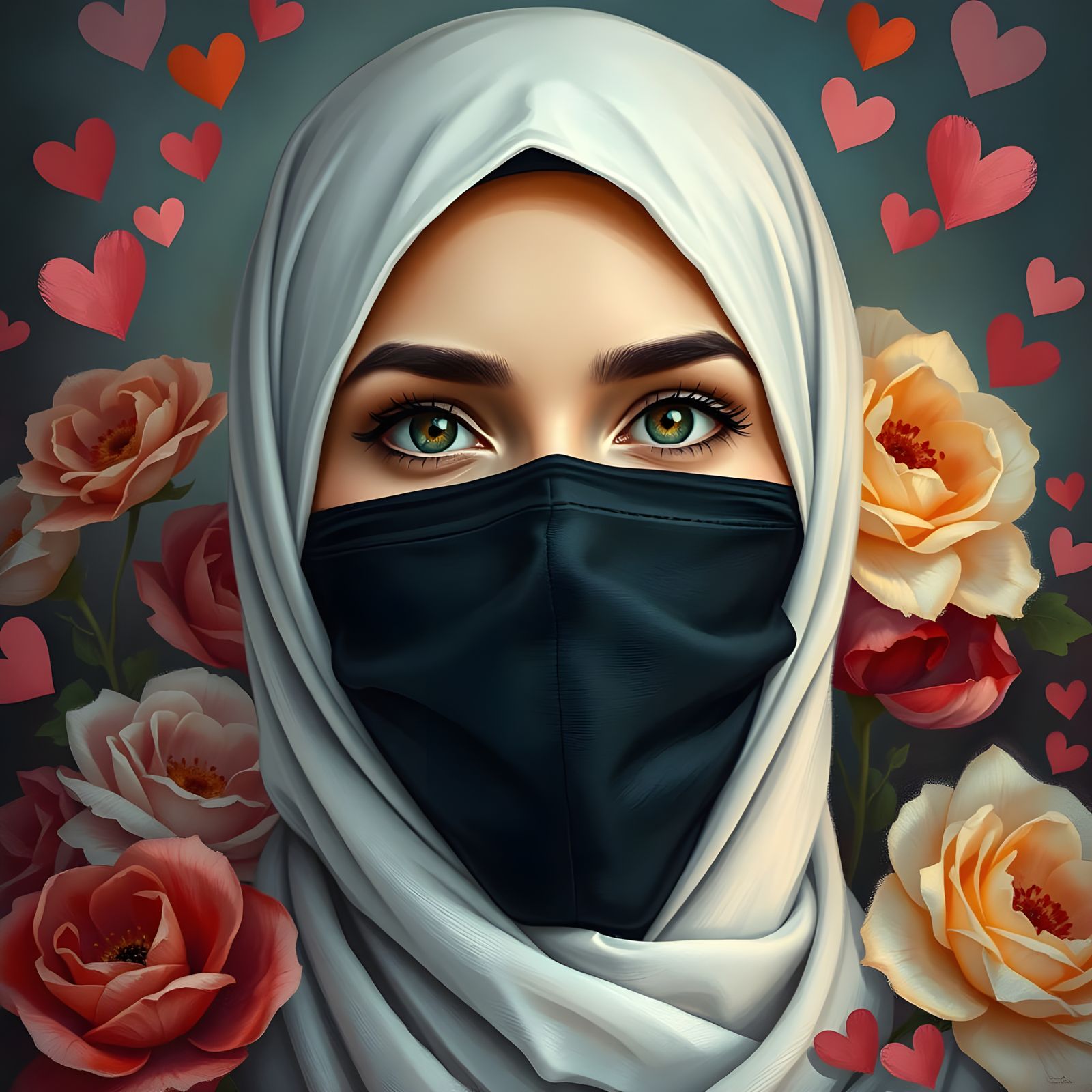 Beautiful Woman in Hijab Portrait with Floral Background