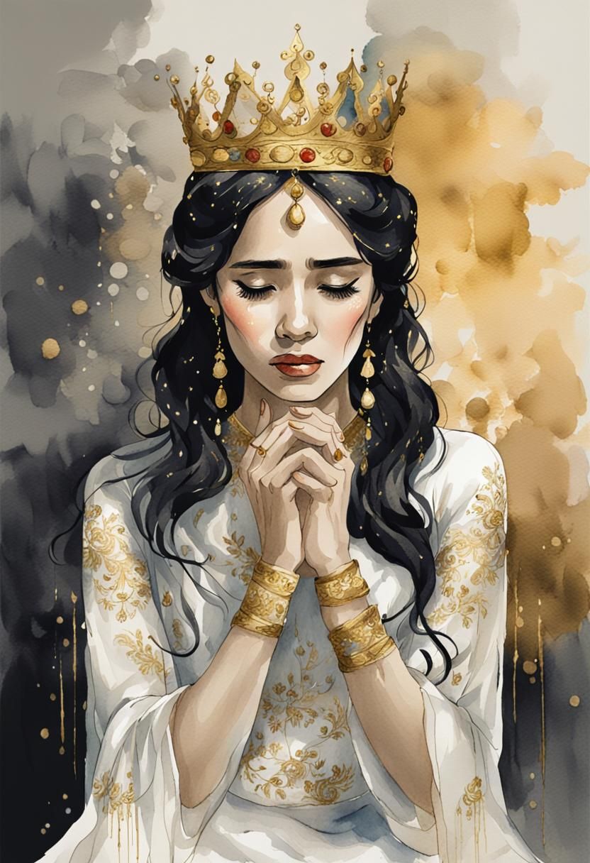 Ink and Watercolor: Weeping Queen in White Gown
