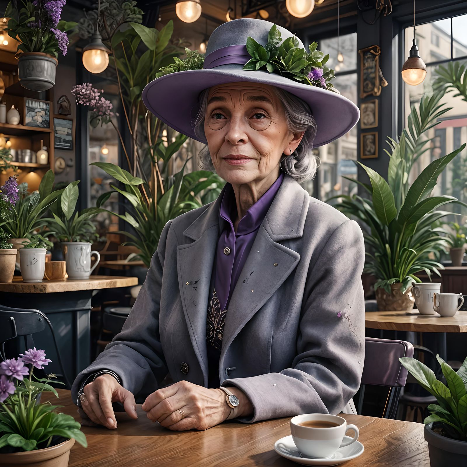 Elegant Woman in Cafe: A Detailed Matte Painting