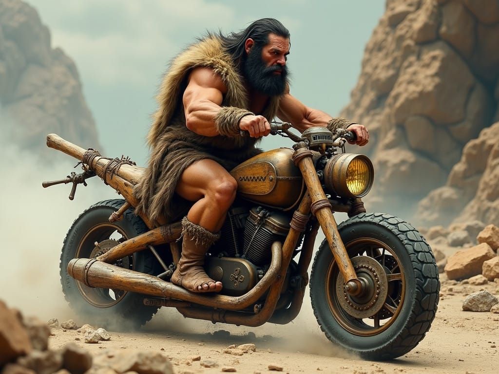 Neanderthal Caveman Rides Complex Stone and Wood Motorcycle