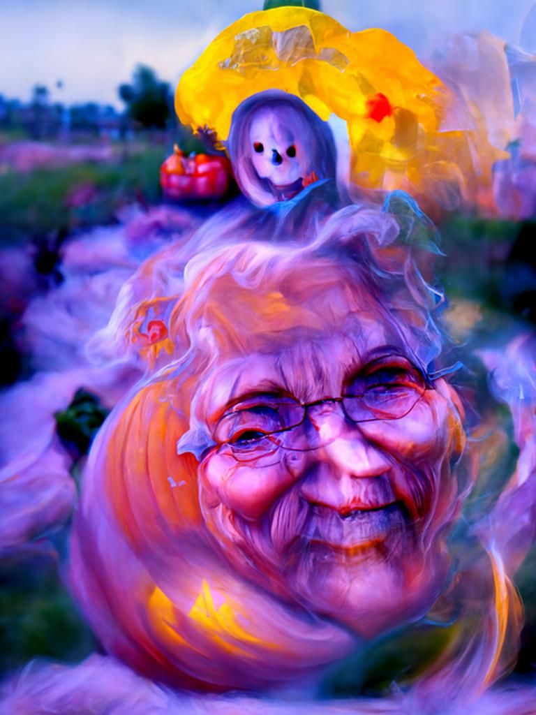 Ghostly Grandma in Spooky Pumpkin Patch Art