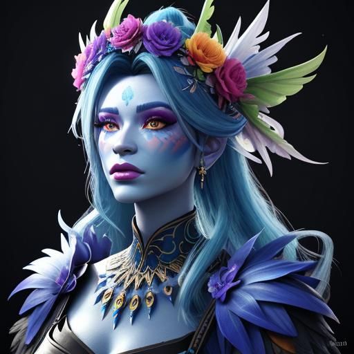 Dragon Feathered Woman with Rainbow Skin in 3D