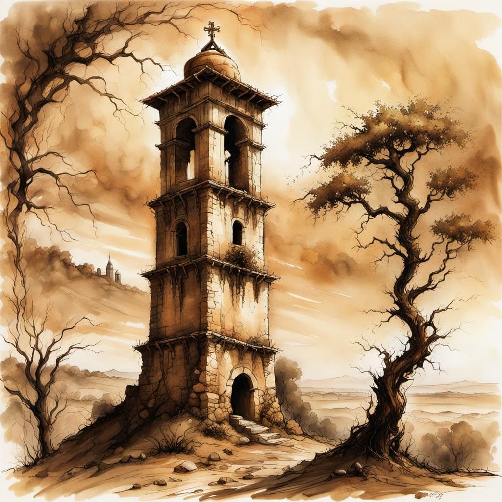 Ancient Stone Bell Tower in Sepia Tones