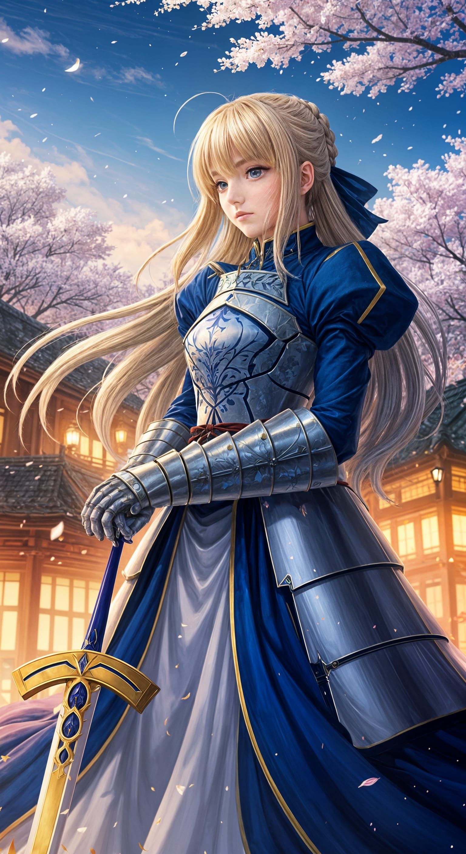 Regal Saber Stands Proud Under Cherry Blossoms