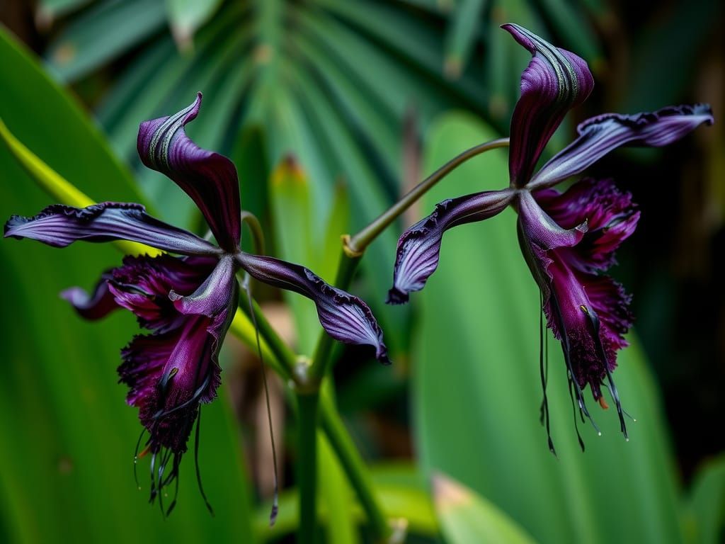 Velvety Black Orchid Blooms in Tropical Jungle Scene