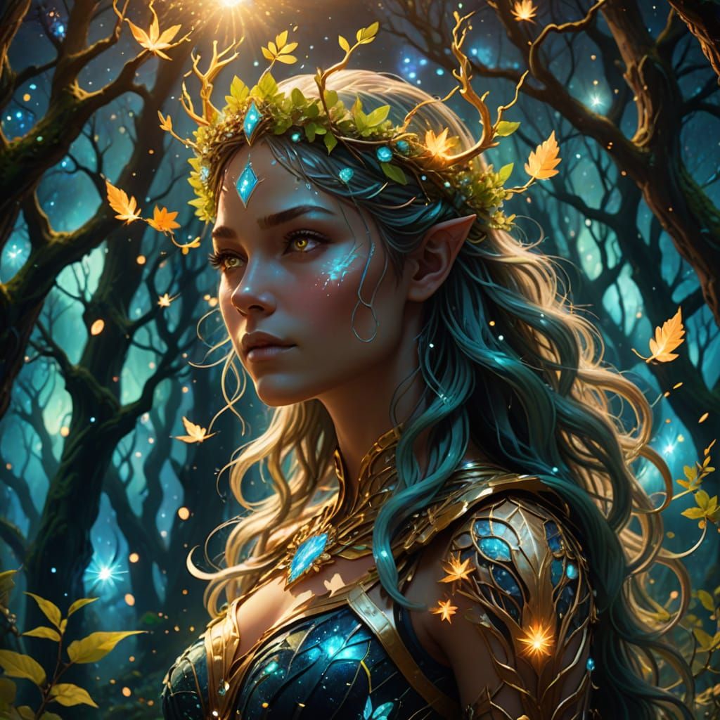 Celestial Dryad in Ethereal Forest: Fantasy Artwork