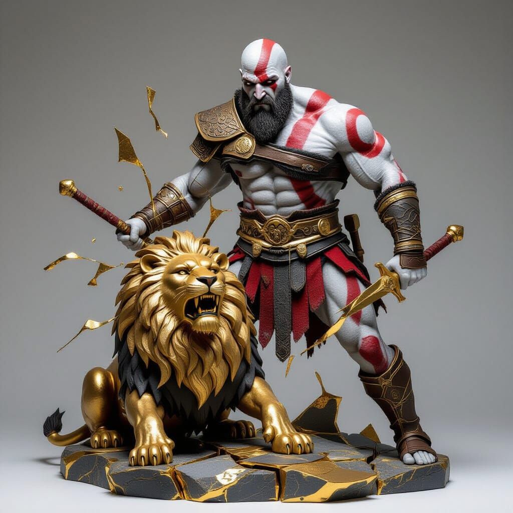Kintsugi Kratos Sculpture Defeating Lion