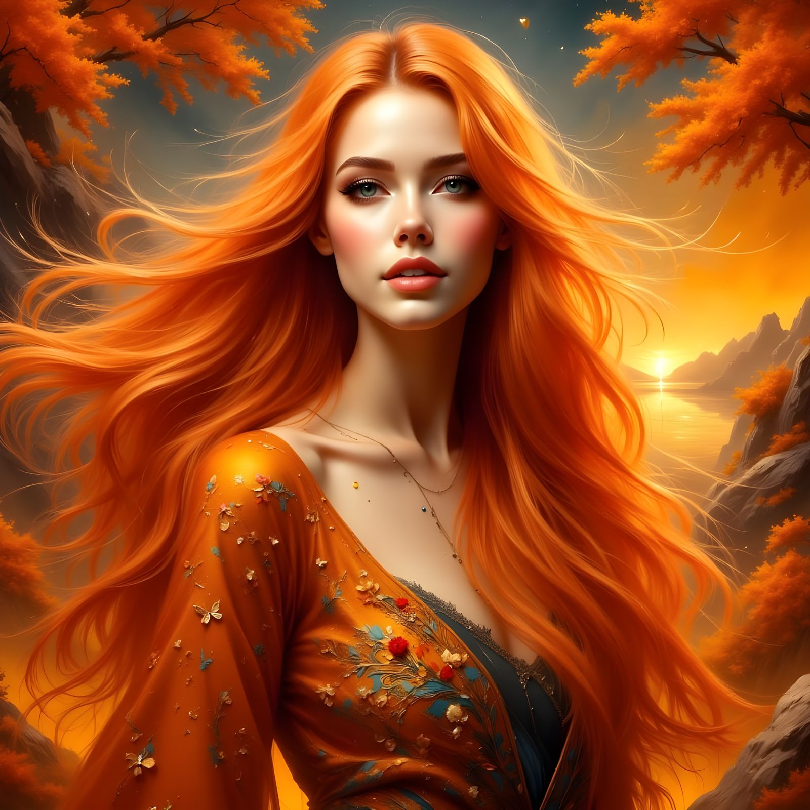 Stunning Woman with Flowing Orange Hair in Hyperrealism